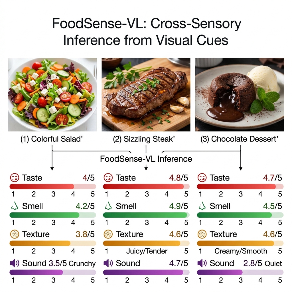 FoodSense-VL teaser: food images with predicted sensory ratings